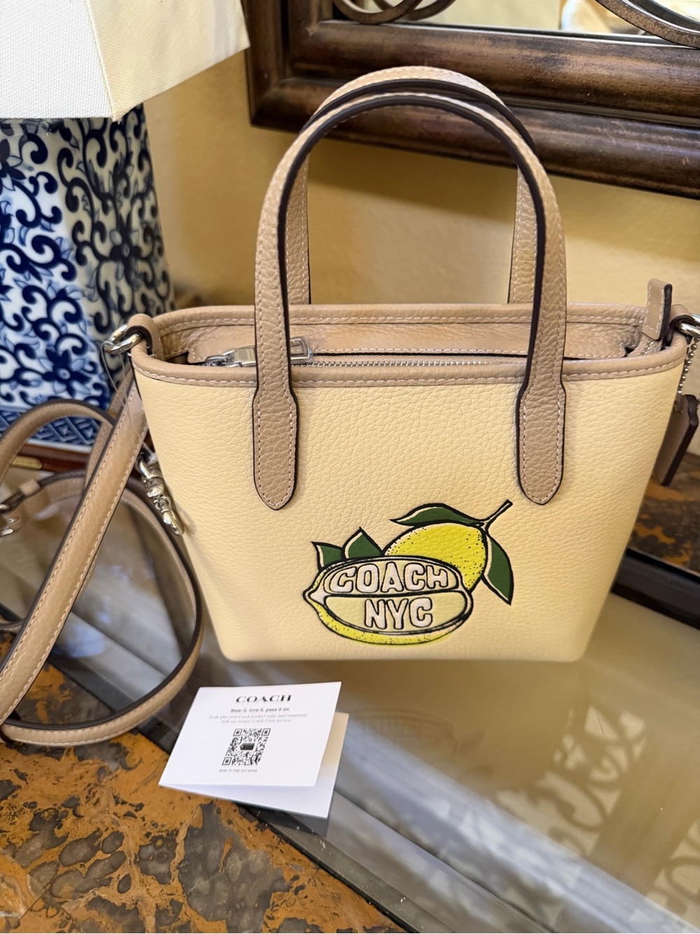 Coach Cream Pebble Leather Mini Tote with Lemon Patch and Tan Handles